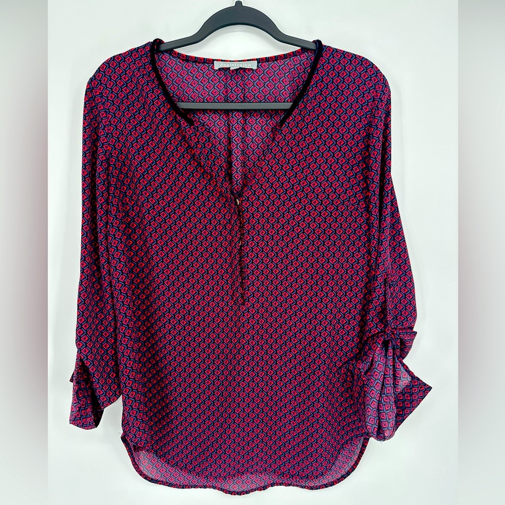 Daniel Rainn Size Medium Womens Blouse Shirt Top Sheer Geometric Print Red Blue‎